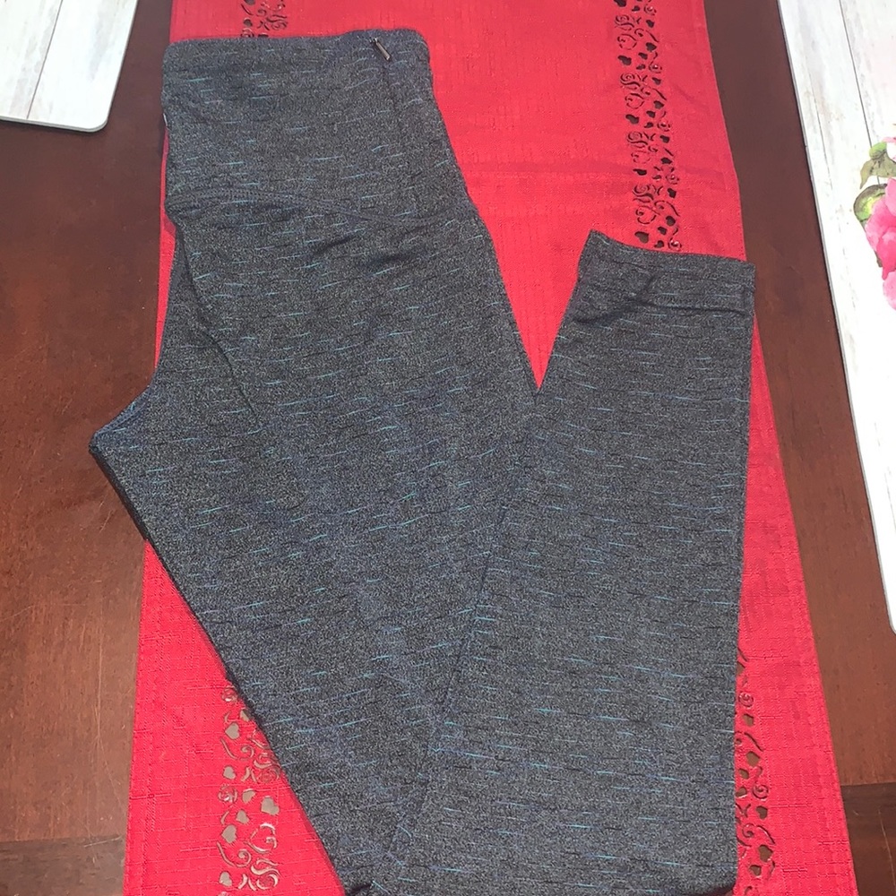 Tuff Athletics Workout Leggings Grey w Blue Flecks Yoga Pants sz XS EUC